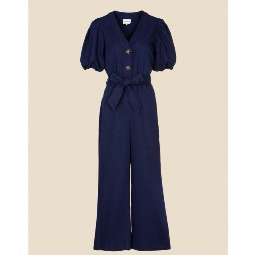 FRNCH | Laurine Jumpsuit Navy Blue‎ Tie Belt Puffed Sleeve Button | Medium